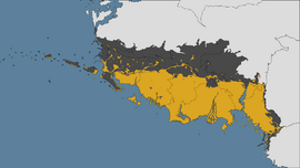지도 왼쪽의 주황색. 자텐다 본토에서의 언어 사용 지도이며, 북메디아 곳곳에 자텐다어 사용 지역이 더 있는 편이다.